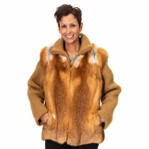 Red Fox Fur Jacket with Gold Knit Sleeves